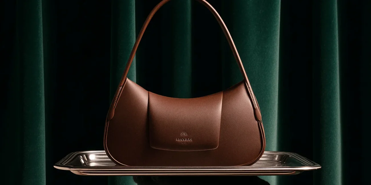 braune handtasche vor grünem hintergrund. E-Commerce optimierte Produktfotos Kleidung von Fashionshots Linz.