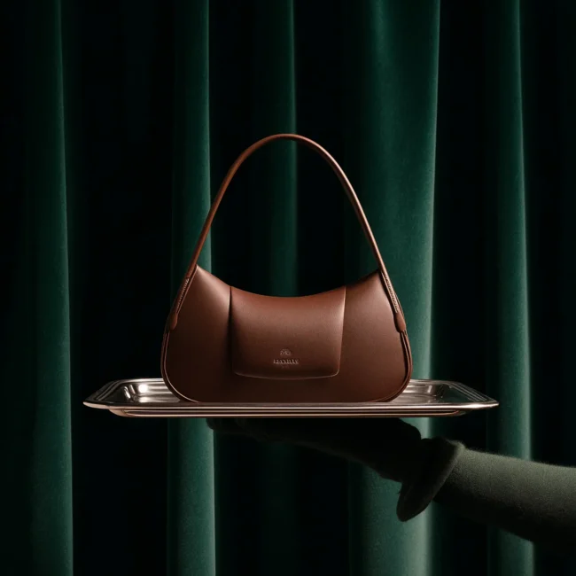 braune handtasche vor grünem hintergrund. E-Commerce optimierte Produktfotos Kleidung von Fashionshots Linz.